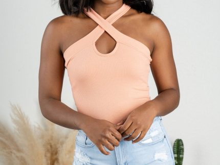 Cross neck ribbed bodysuit peach