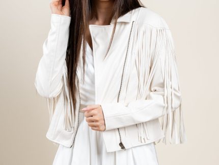 Faux leather fringe zip jacket white