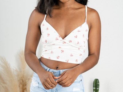 Floral ribbed crop top ivory