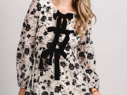Floral velvet bow mini dress cream/black