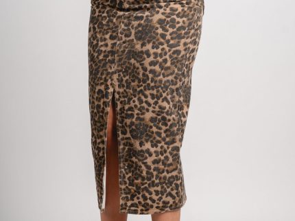 Leopard denim midi skirt brown