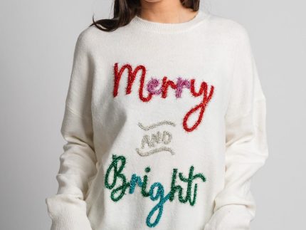 Merry & Bright tinsel sweater white