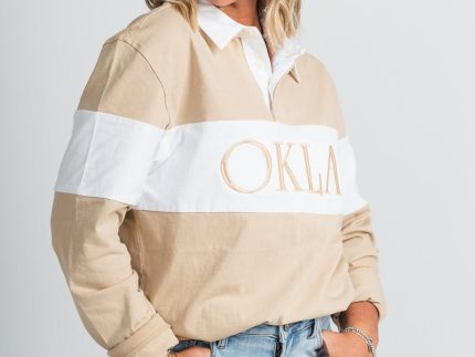 OKLA rugby polo long sleeve top taupe