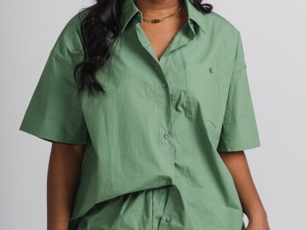 Oversized short sleeve button up top green