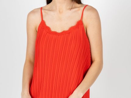 Pleated lace cami tank top coral red