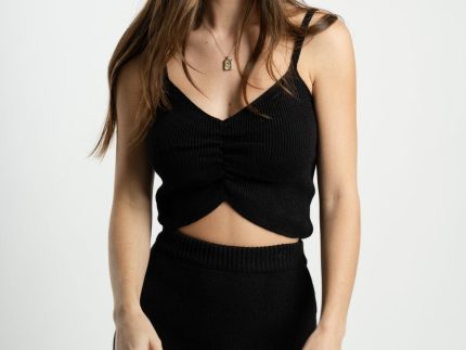 Ruched knit crop tank top black