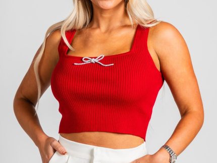 Sleeveless rhinestone bow sweater tank top red