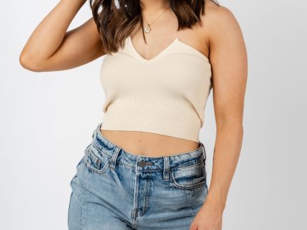 V-neck knit strapless top cream