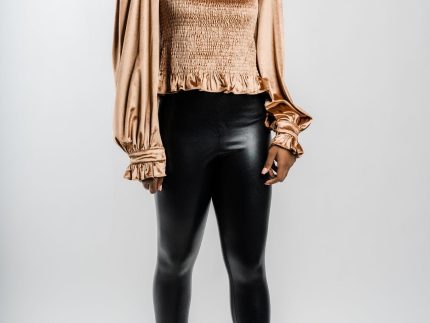 Velvet smocked long sleeve top bronze
